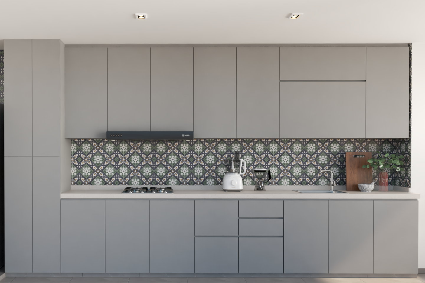 Grey Straight Spacious Kitchen Design with Printed Dado Tiles - Livspace