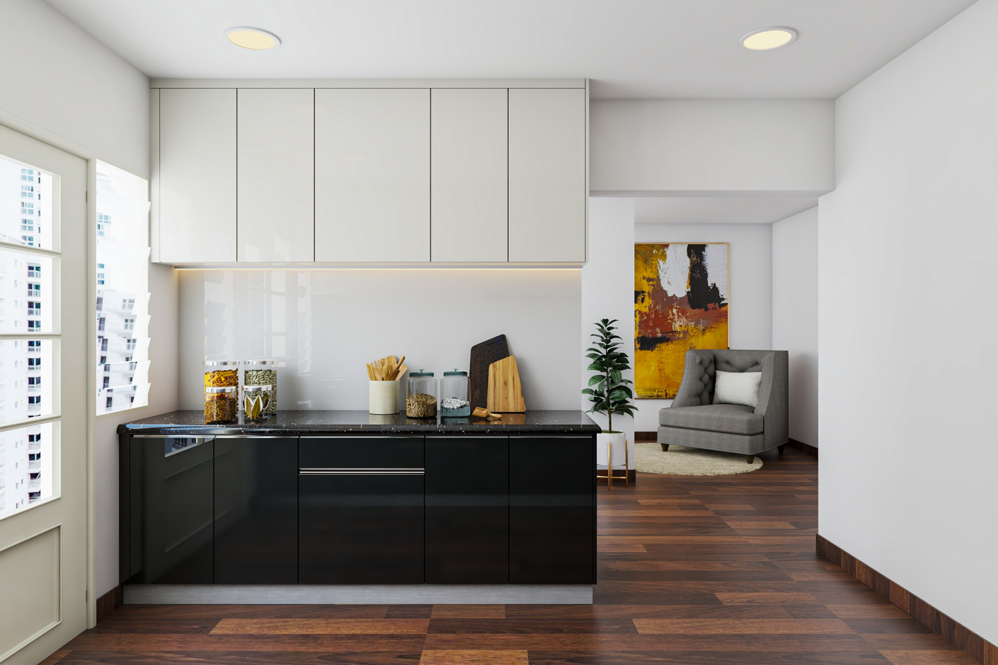 Black and White Kitchen Design with Dark Wood Flooring - Livspace