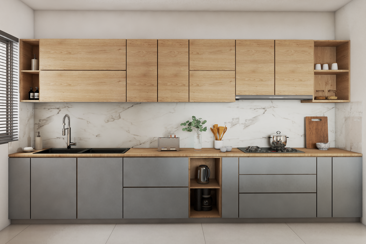 Light Grey and Wood Modern Kitchen Design with Open Shelves | Livspace