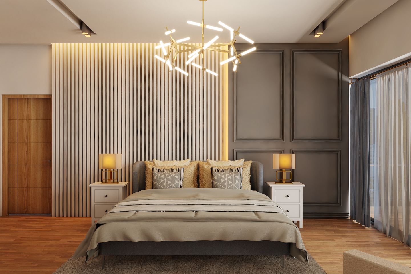 Contemporary Bedroom with Wood and White Shades - Livspace