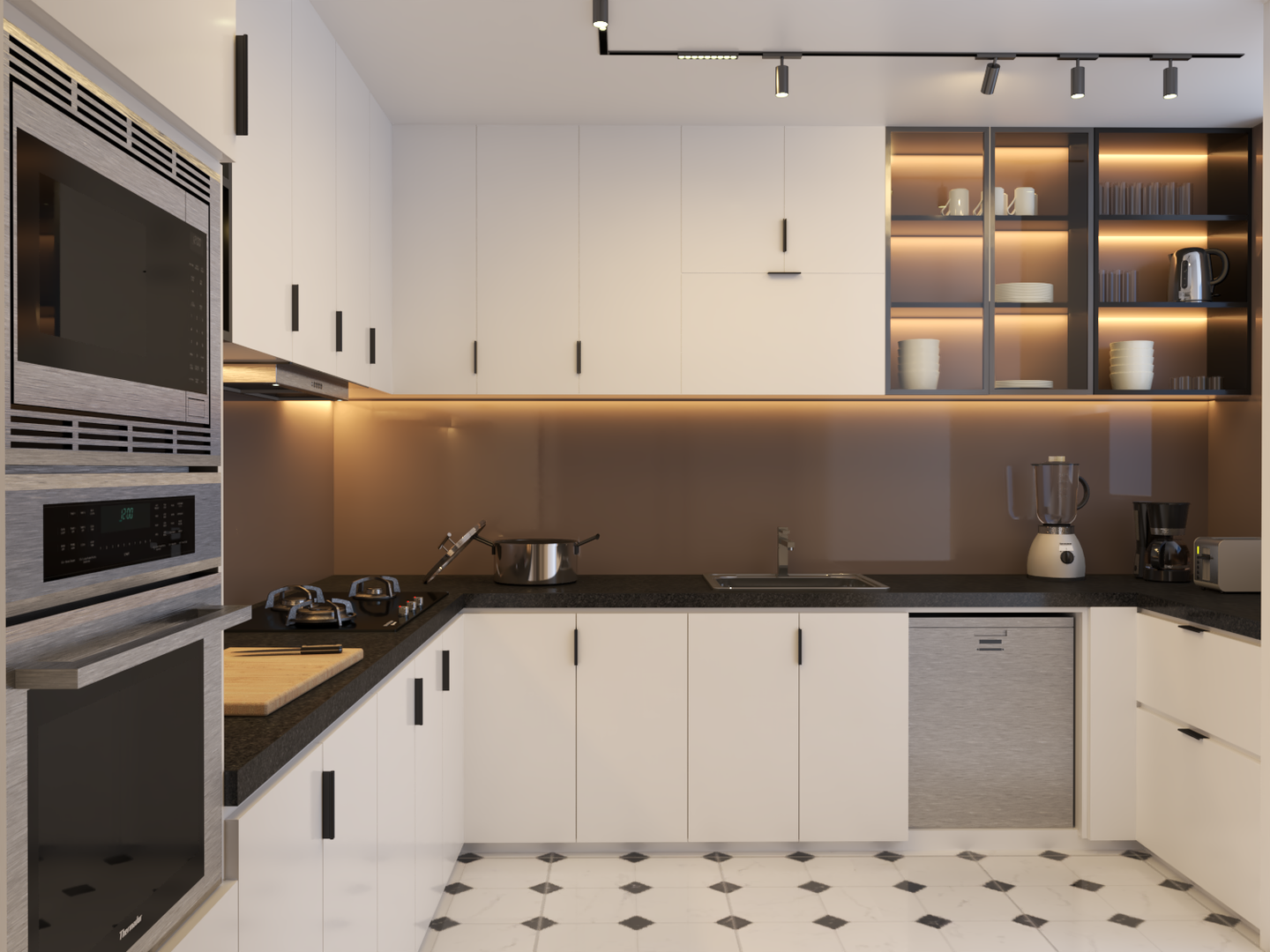 Black And White Themed U-Shaped Modular Kitchen - Livspace