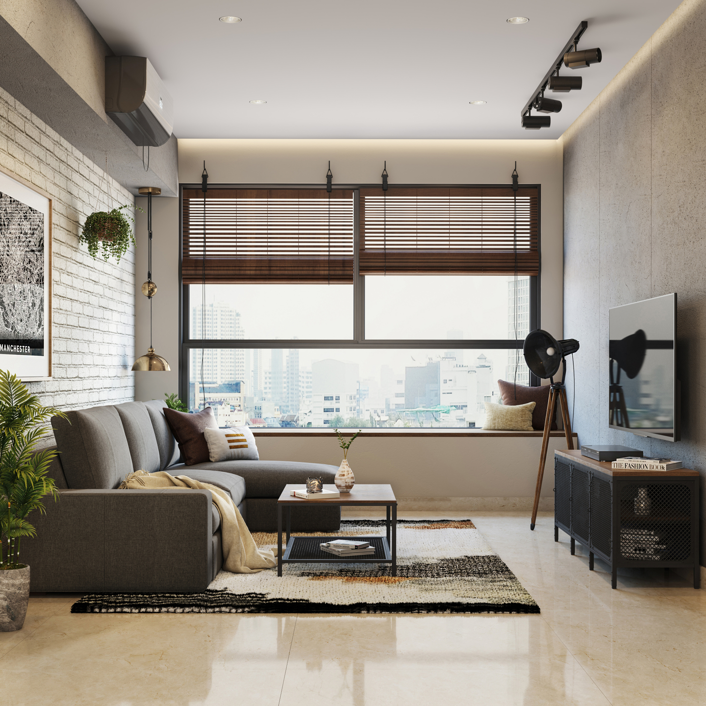 Neutral Compact Living Room Design - Livspace
