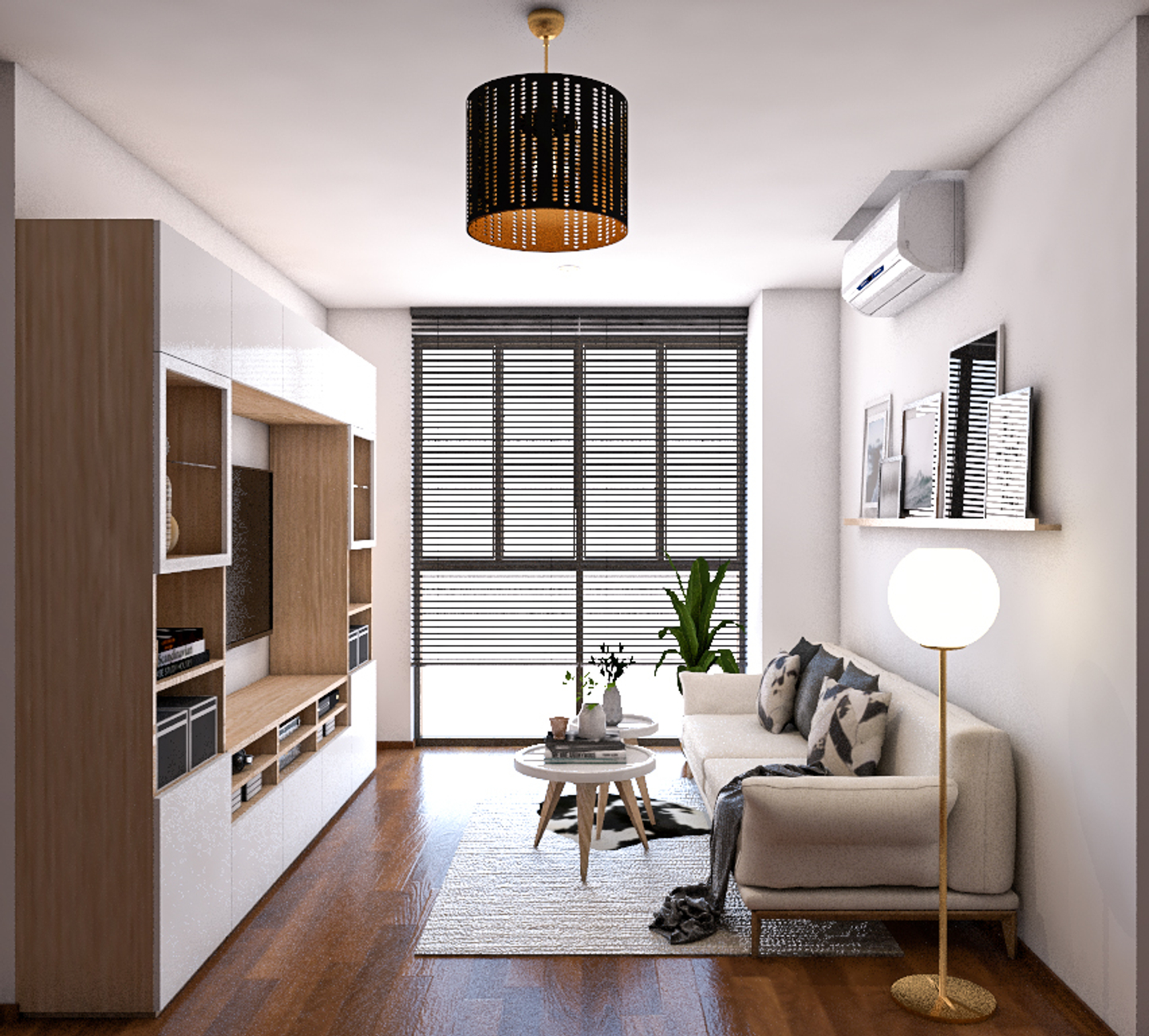 Industrial Living Room with Chandelier - Livspace