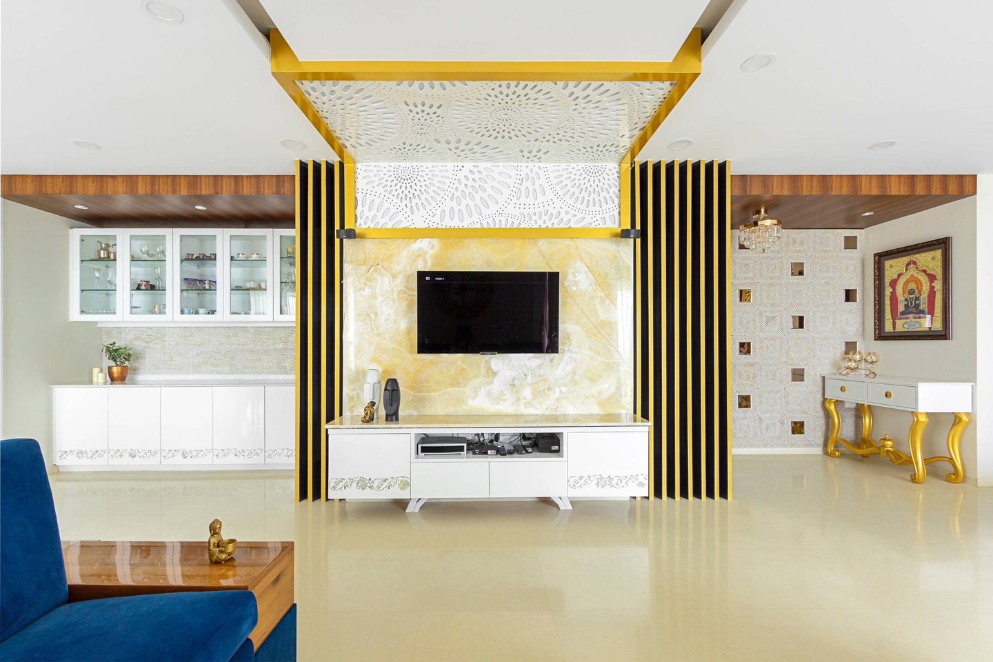 Gold And White Jali False Ceiling Design - Livspace