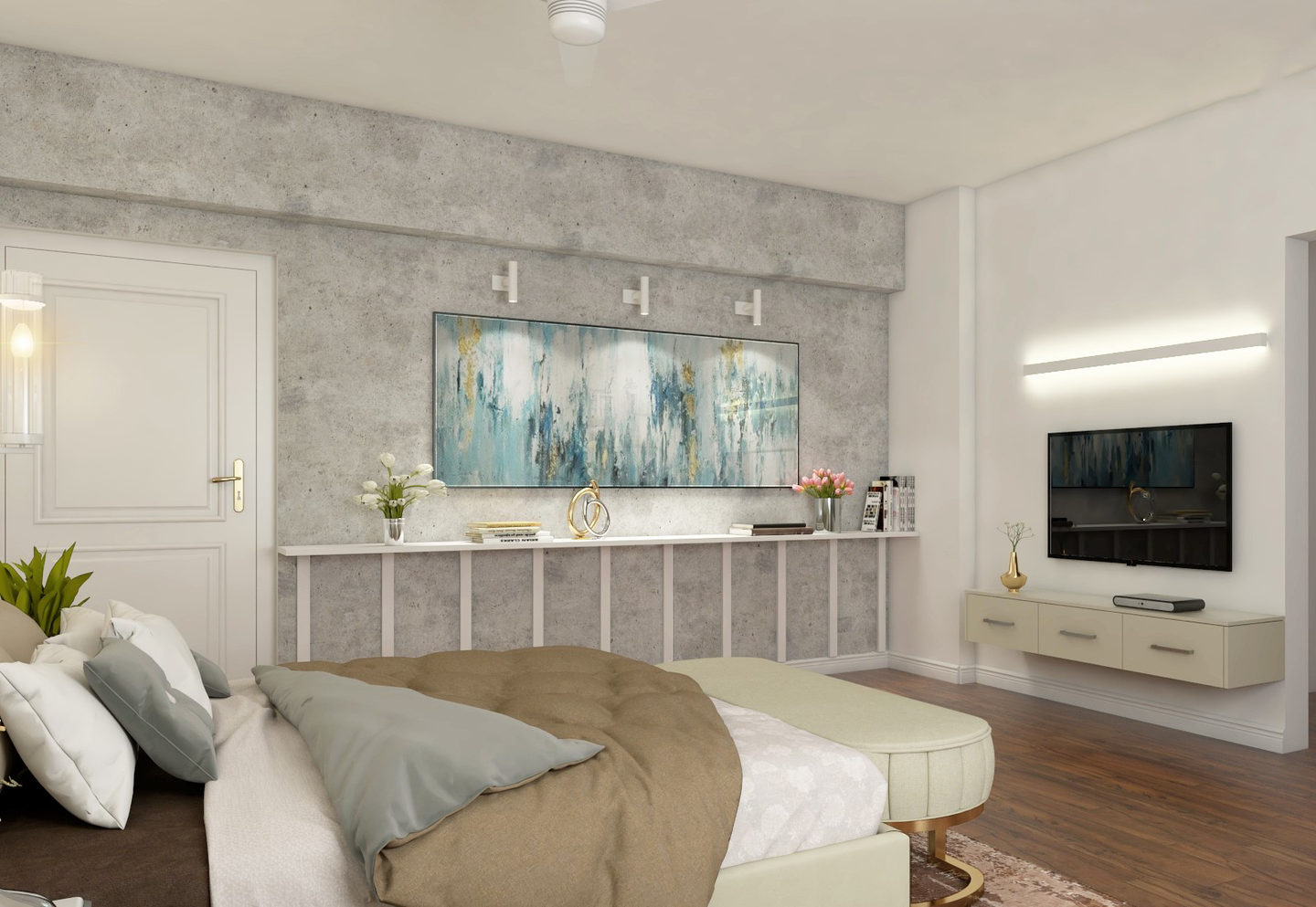 MultiFunctional Bedroom with Separate Areas for Wardrobe and Study