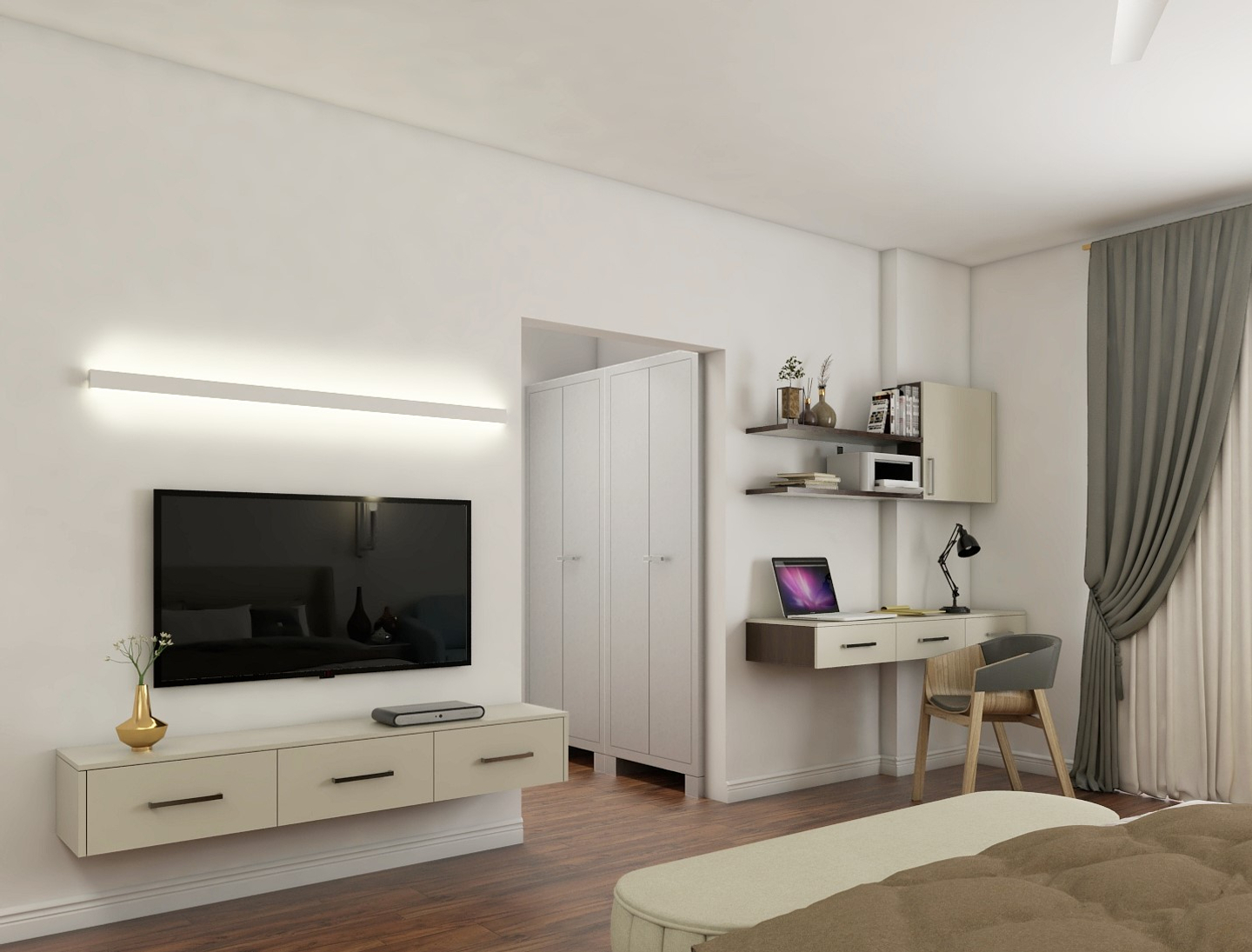 MultiFunctional Bedroom with Separate Areas for Wardrobe and Study