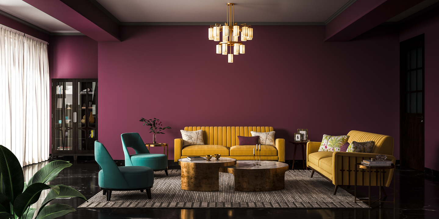 Spacious And Luxurious Living Room With Plum Coloured Walls Livspace