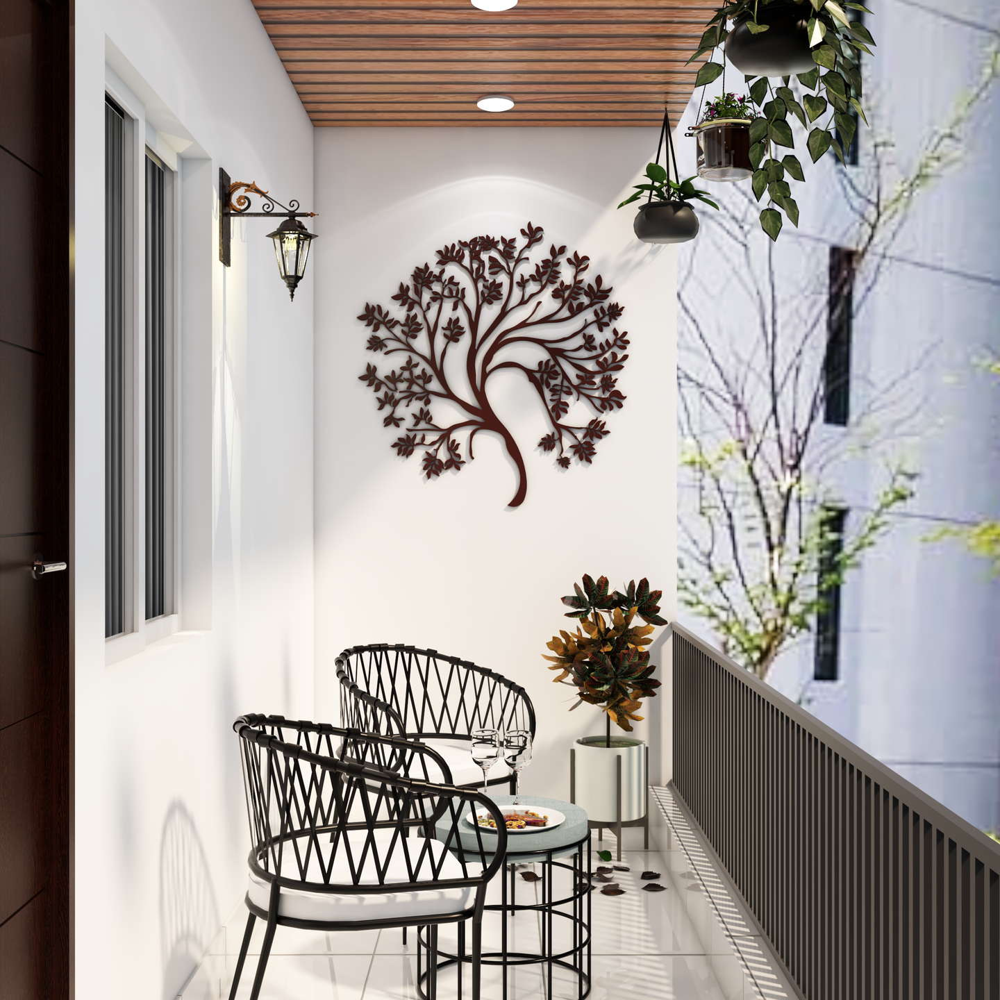 Artistic Balcony Design With Metallic Tree - Livspace