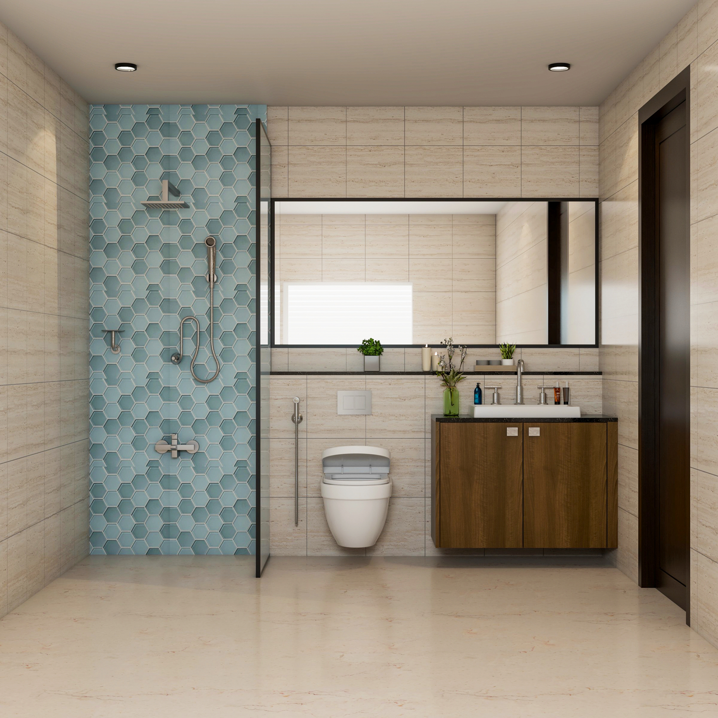 Spacious Bathroom Design With Blue Hexagonal Feature Wall And Wooden ...