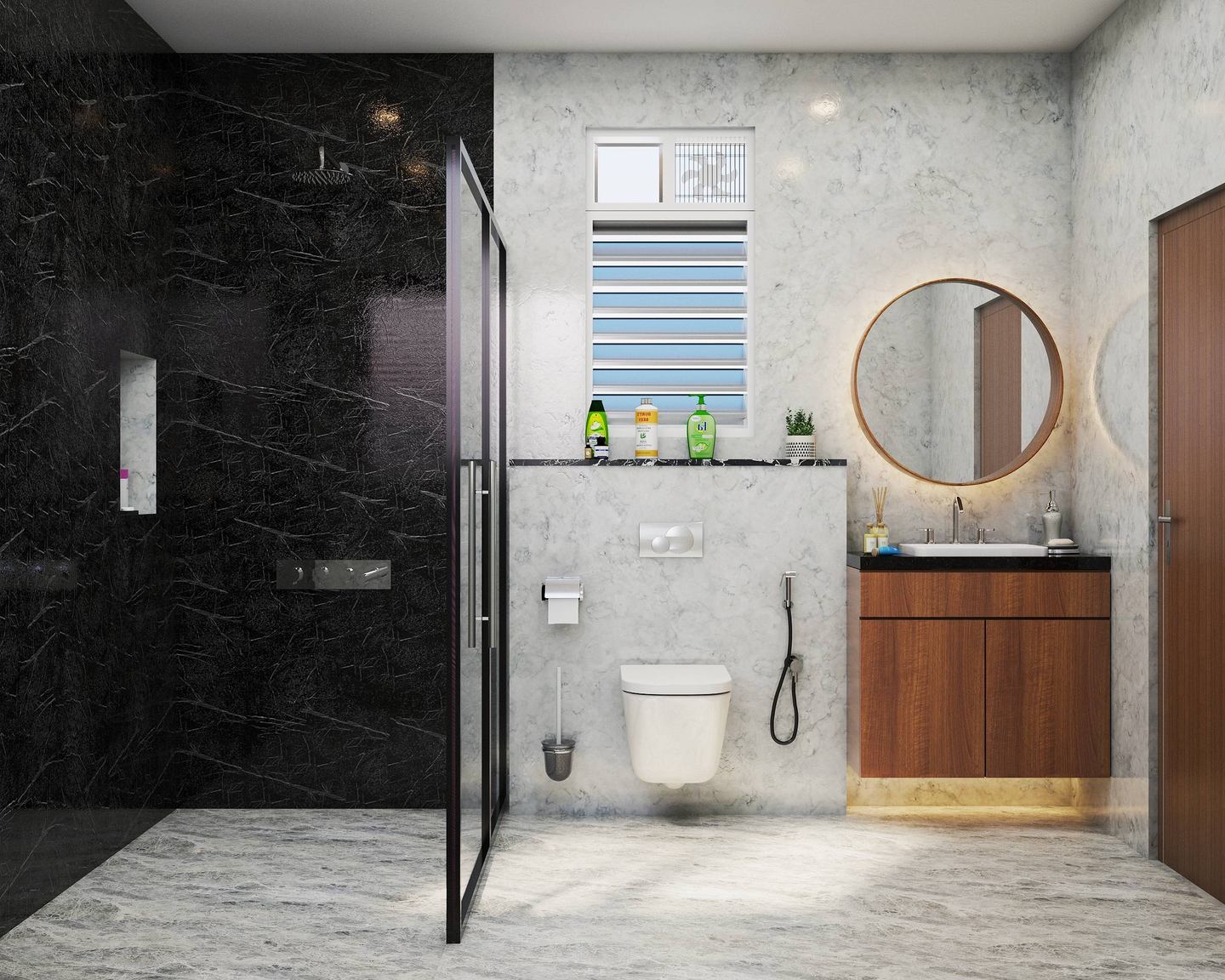 Modern Bathroom Design In Black And White With Wooden Vanity Livspace