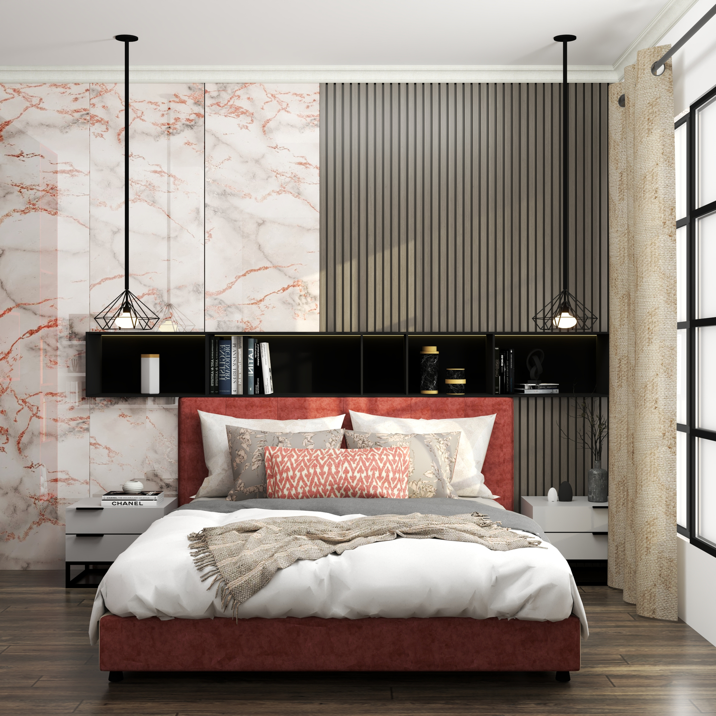 Master Bedroom With Red Velvet Bed - Livspace