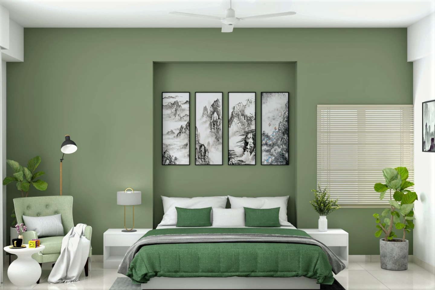 Nature-Inspired Green Bedroom With Indoor Plants And Plain Textured ...