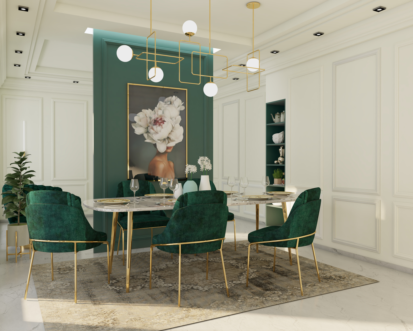 Spacious Classic Dining Room With Green Wall | Livspace