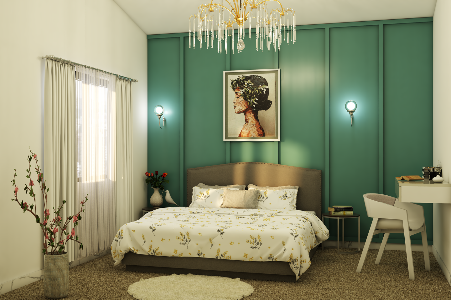 Guest Bedroom Design With Dark Green Accent Wall And Low Platform Bed