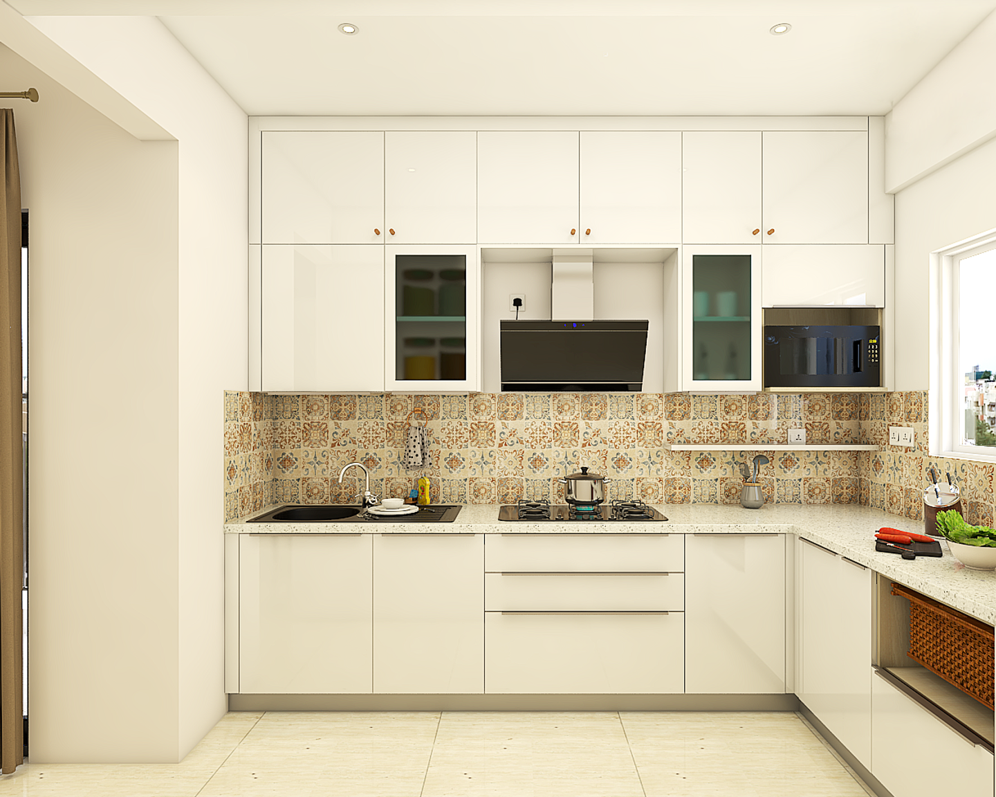 Spacious Kitchen Design With White Theme - Livspace