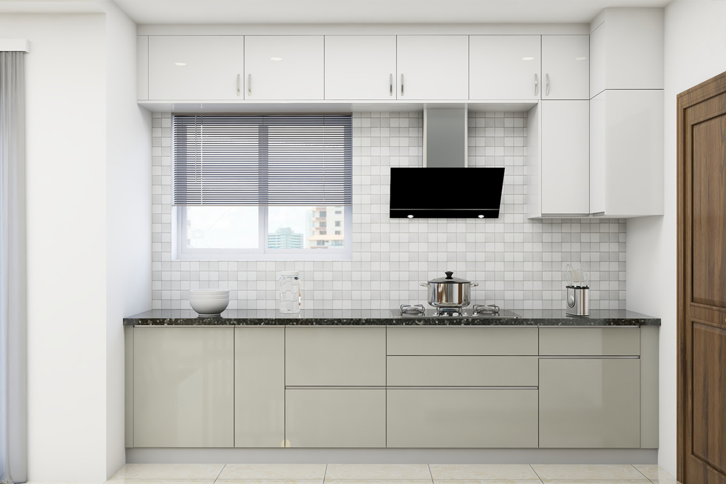Spacious White Toned Modular Kitchen Design - Livspace