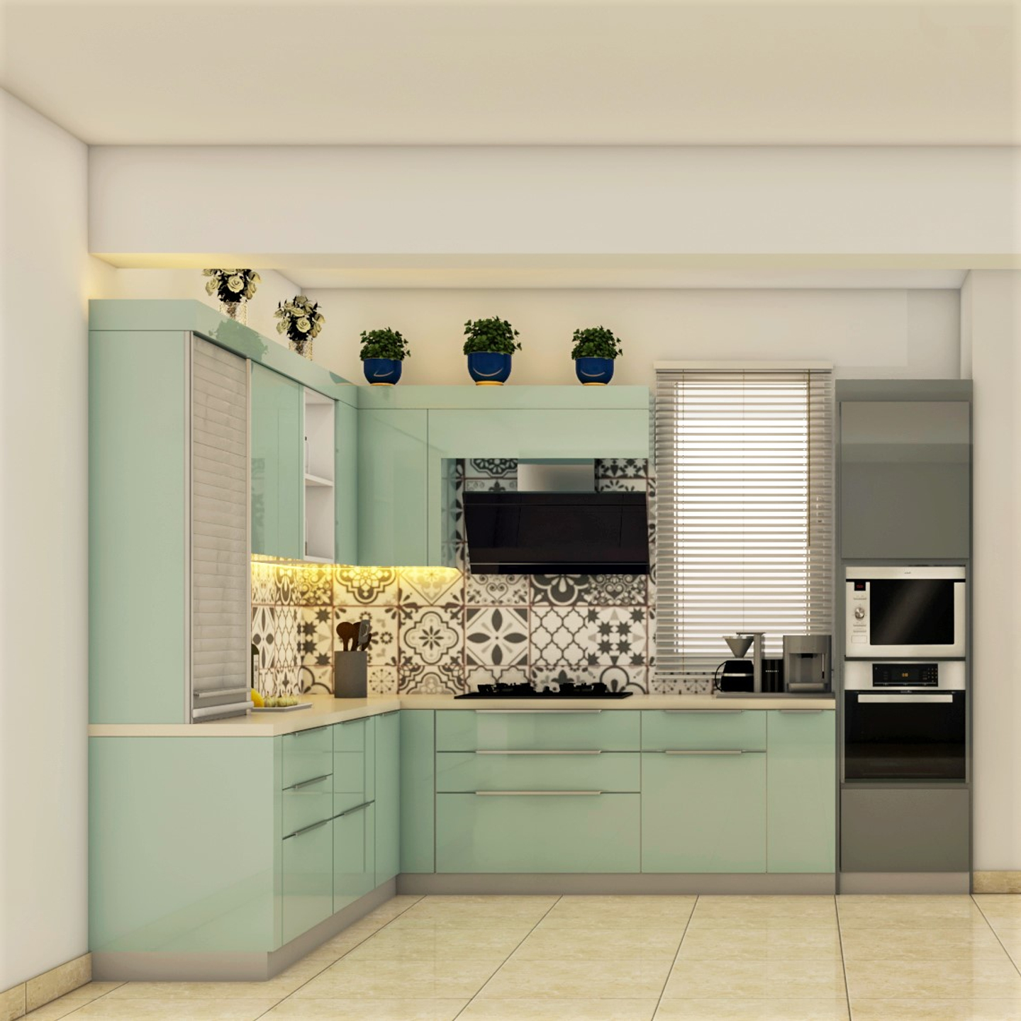 Convenient Spacious Pastel Green Toned Kitchen - Livspace