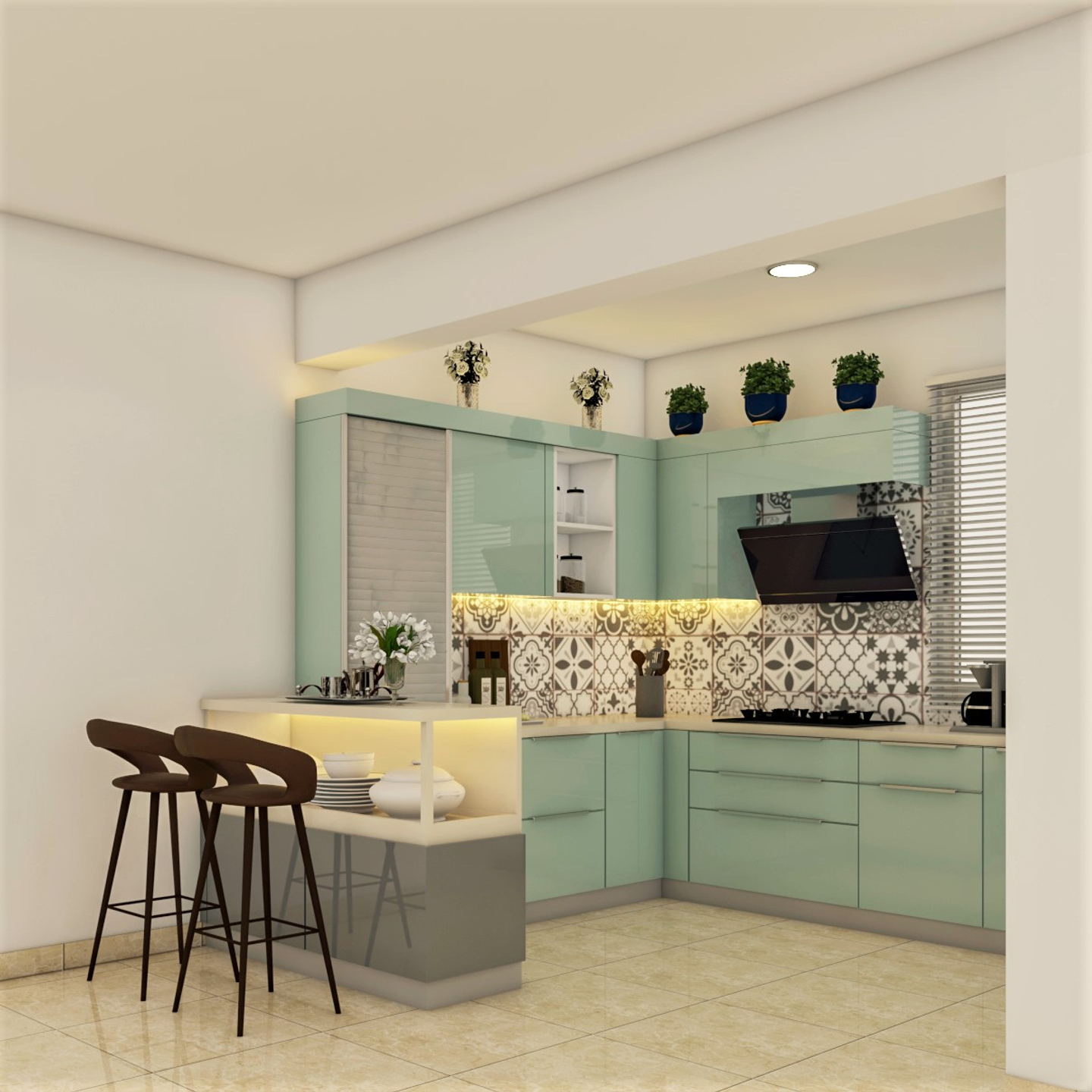 Convenient Spacious Pastel Green Toned Kitchen - Livspace
