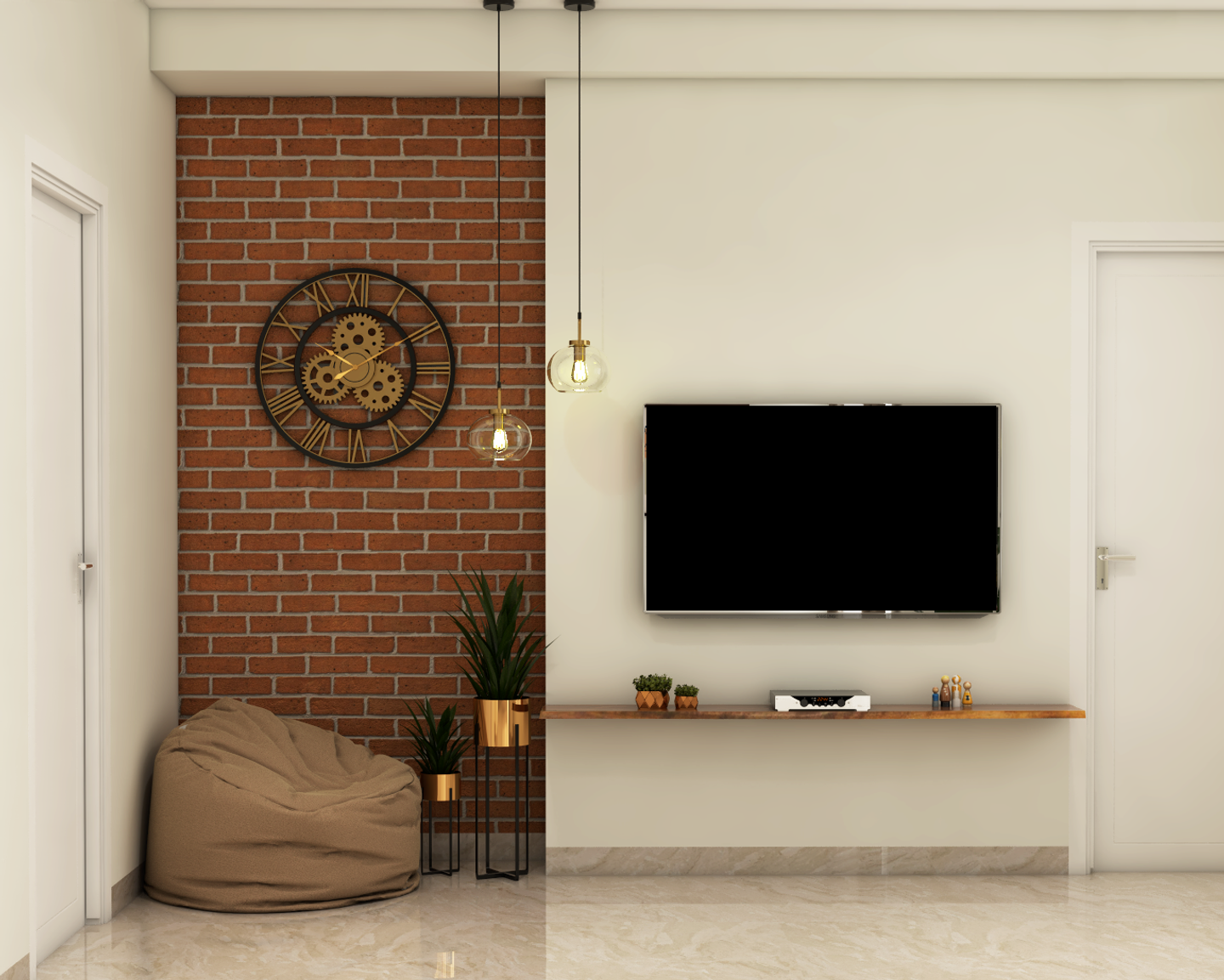 Modern TV Unit With Brick Wall - Livspace