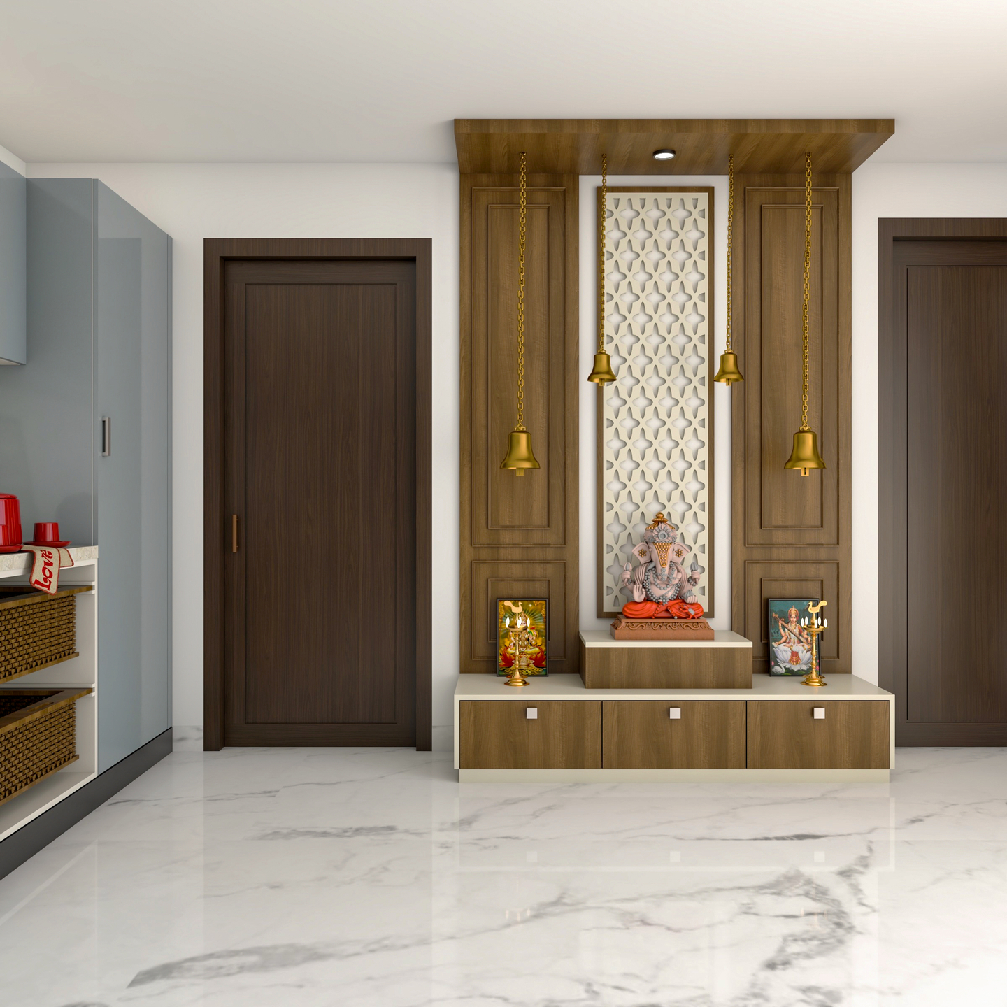 Modern Pooja Room Design With Bells And Drawer | Livspace