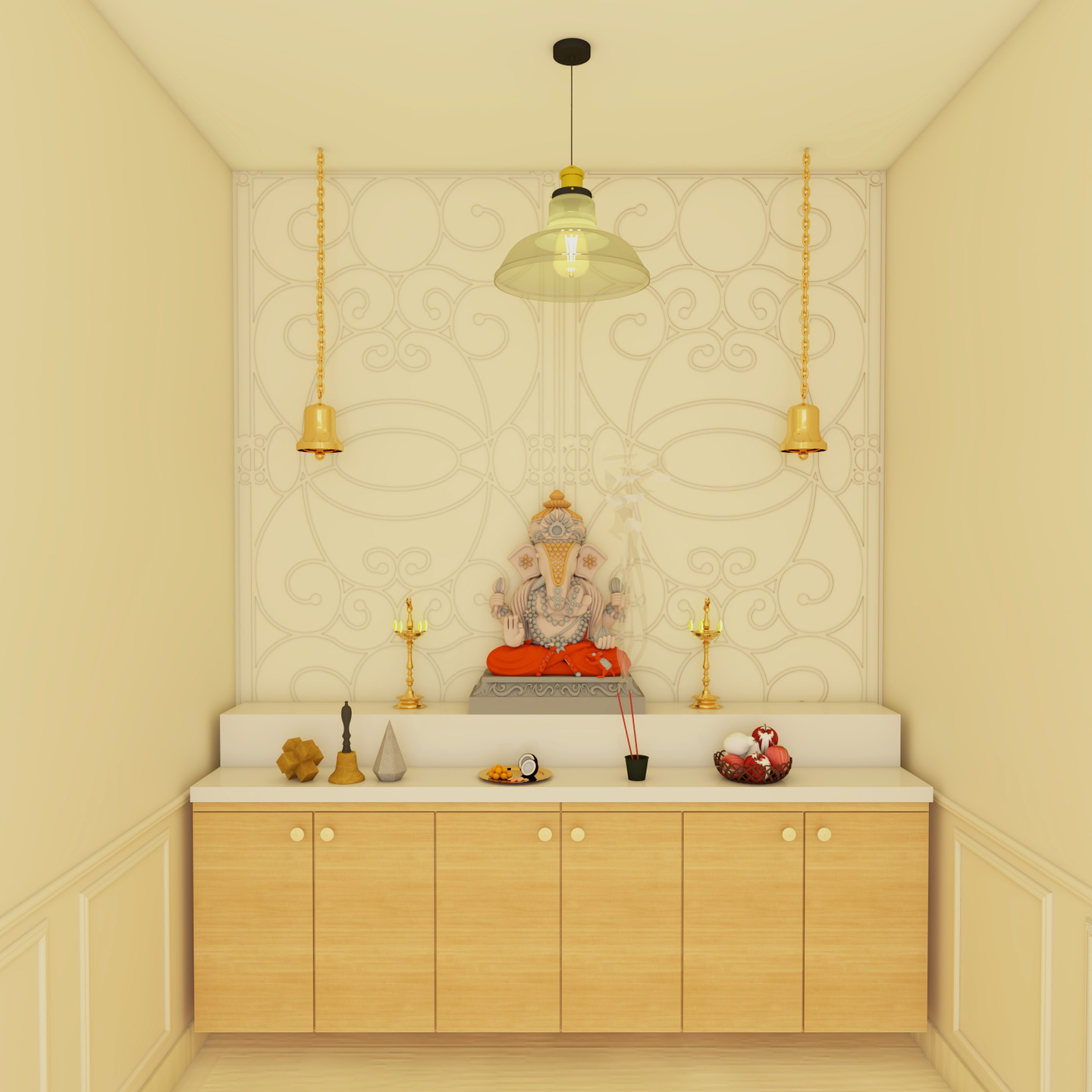 Modern Pooja Room Design With Two Step Platform And Adequate Storage Cabinets Livspace 5788