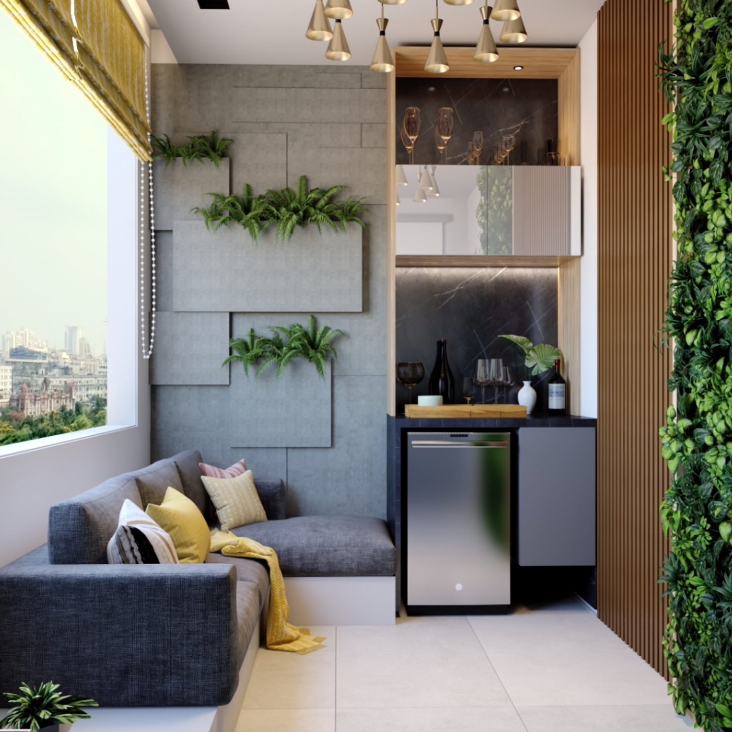 Balcony Design With Concrete Wall Panelling And A Seating Area - Livspace