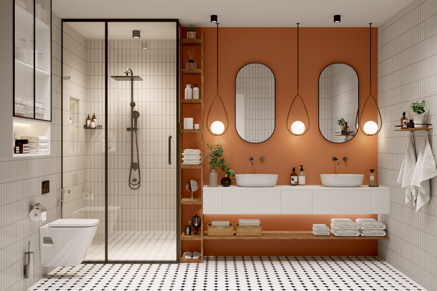 Bathroom Design With Orange And White Tiles And A Wall-Mounted Vanity - Livspace