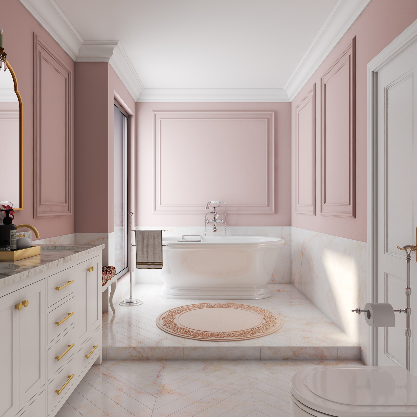 Marble Light Pink Herringbone Bathroom Tile Design | Livspace