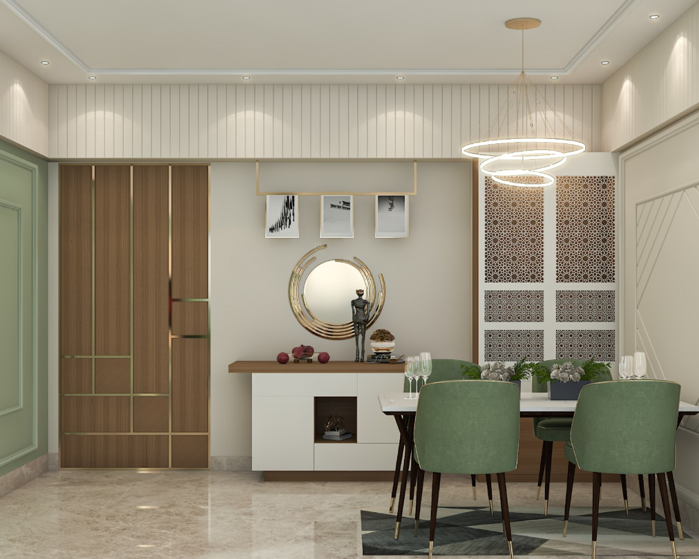Contemporary Dining Room Design With A 4-Seater Table And Green Chairs