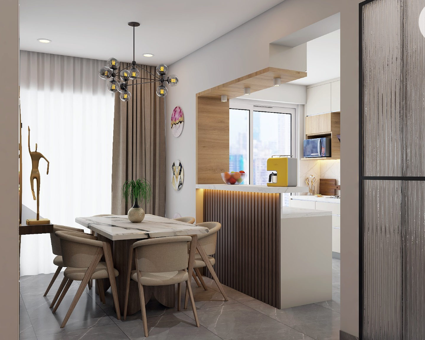 6-Seater Dining Room Design With Overhead Lighting - Livspace