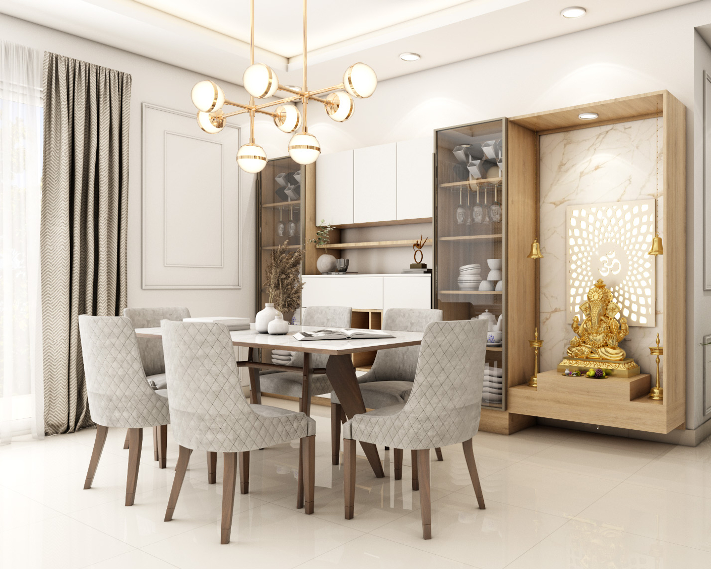 6-Seater Dining Room With Crockery Unit And An Integrated Pooja Unit - Livspace