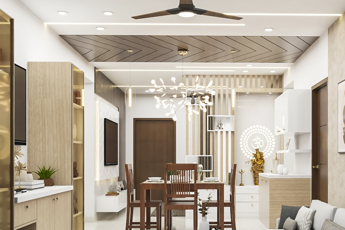 Single-Layered False Ceiling With Profile And Recessed Lighting | Livspace