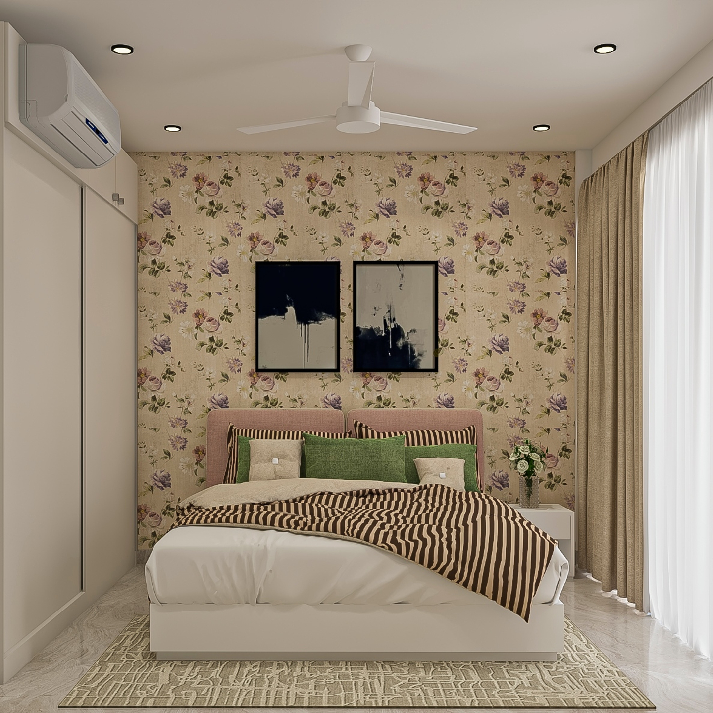 Guest Room With Floral Wallpaper - Livspace
