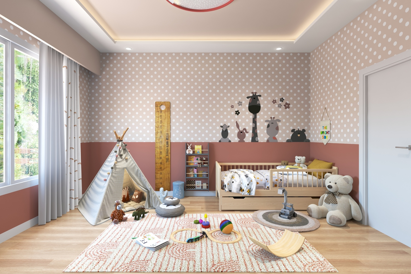 Kids Bedroom Design With A Single Bed And Polka Dot Wallpaper - Livspace