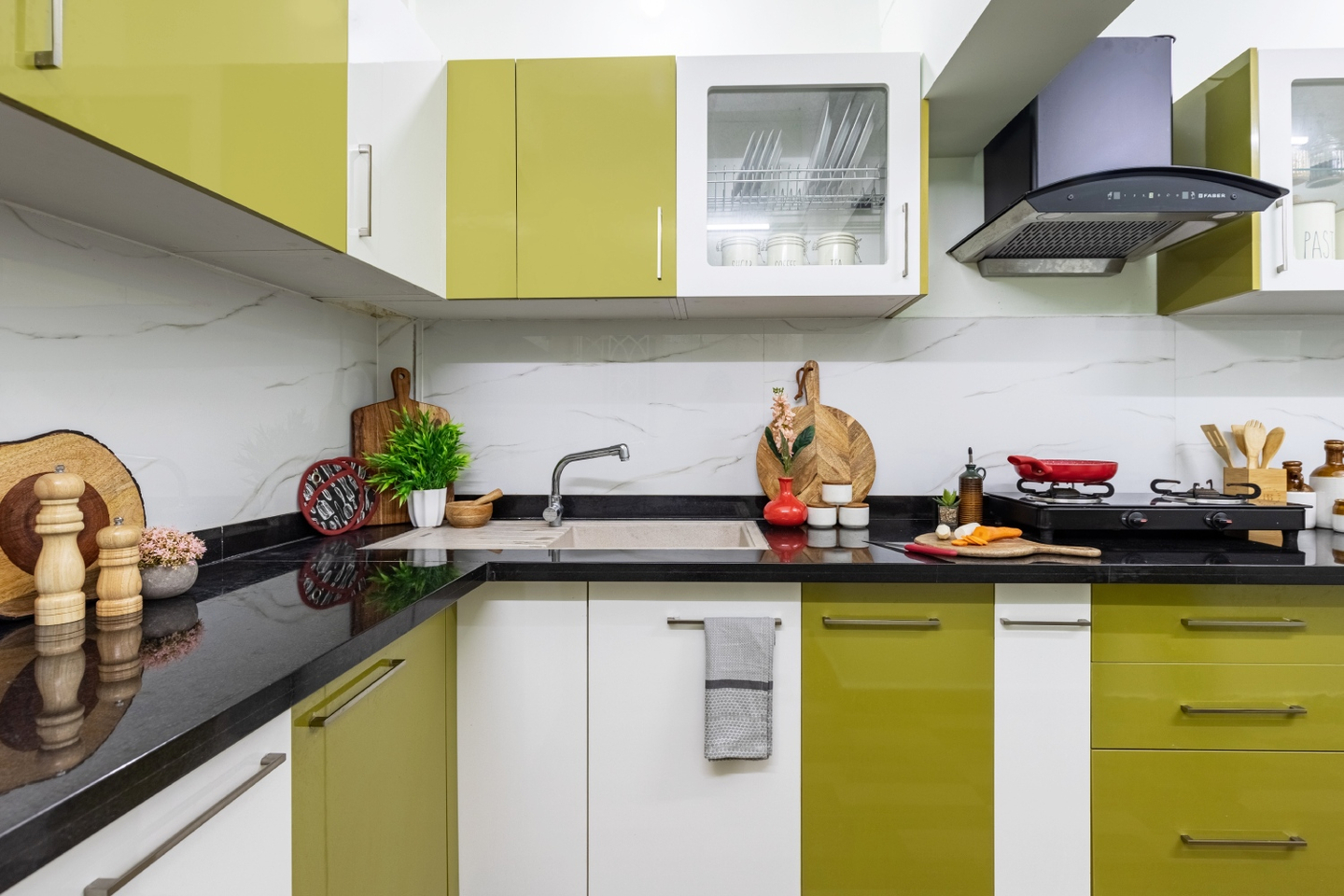 Modular Kitchen Design With Spacious White And Green Kitchen Livspace