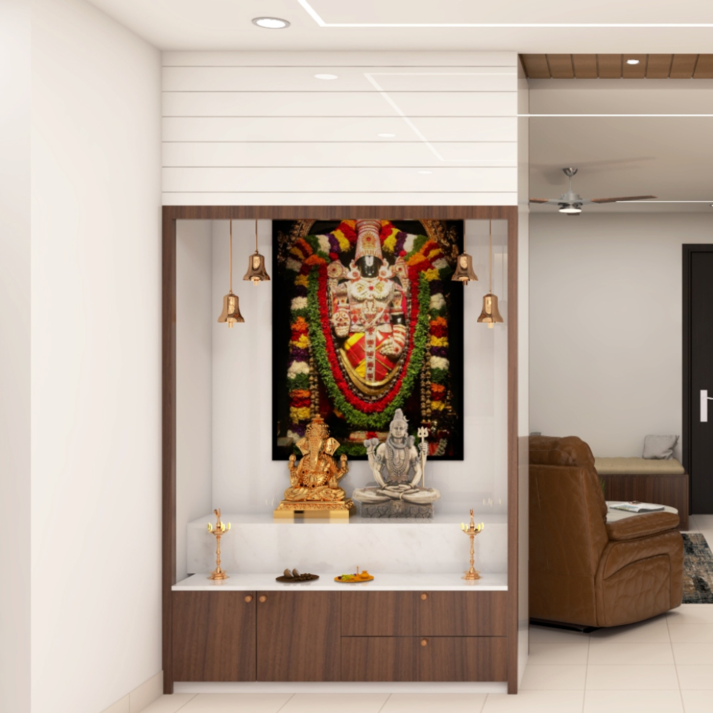 Spacious Mandir Design In White And Brown With Two-Tier Platform | Livspace