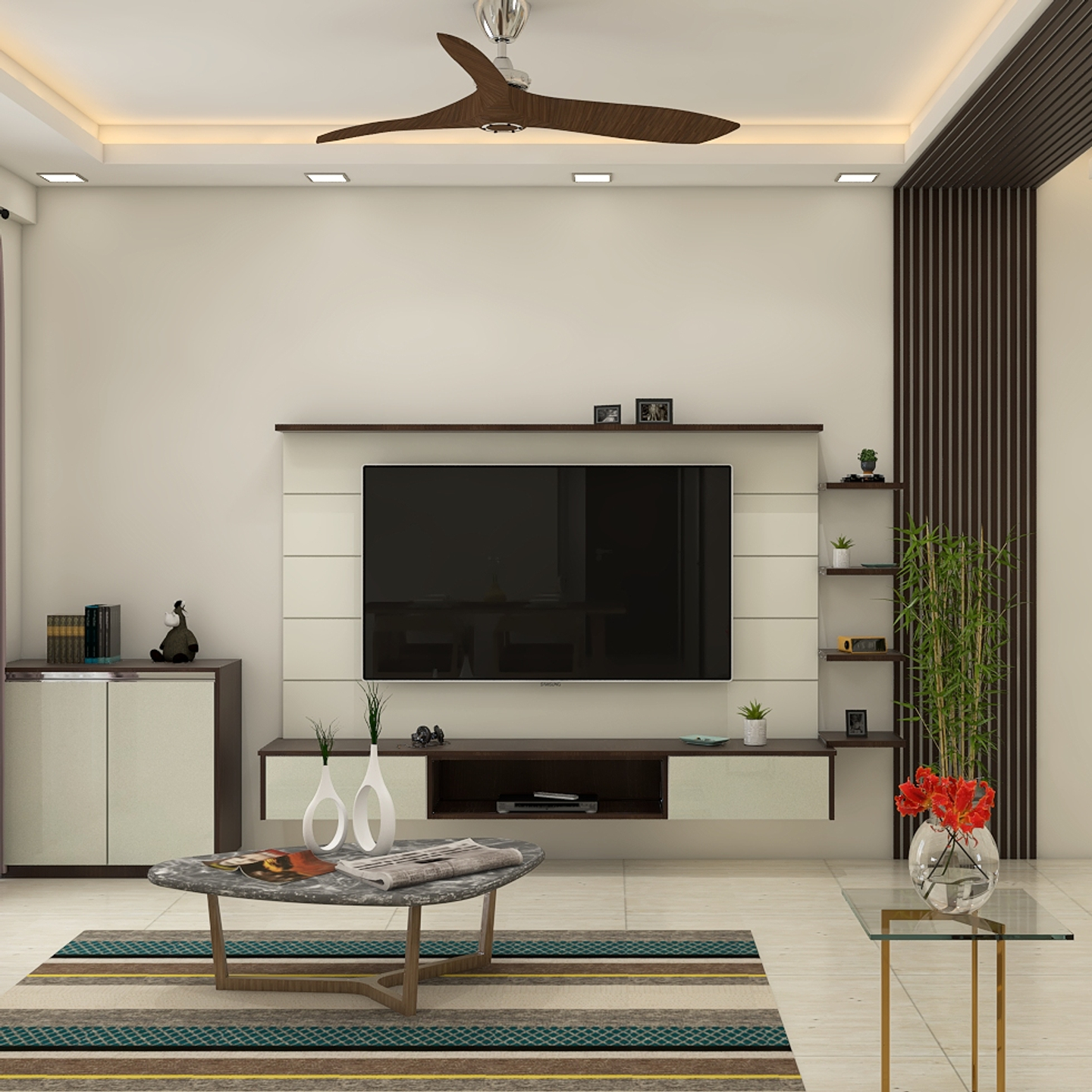 Spacious TV Unit With A Back Panel With Grooves | Livspace