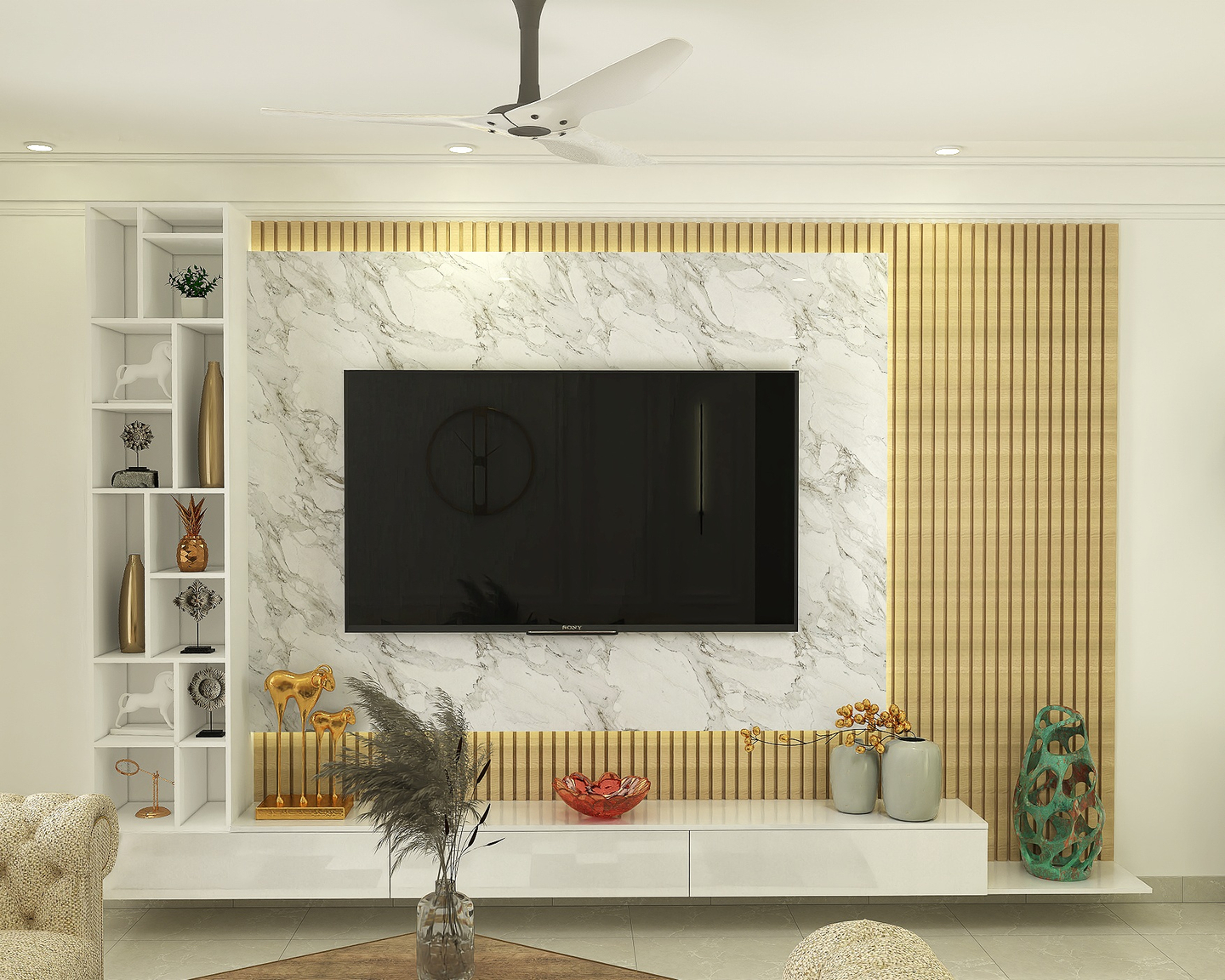 WallMounted TV Unit Design With Open Shelves Livspace