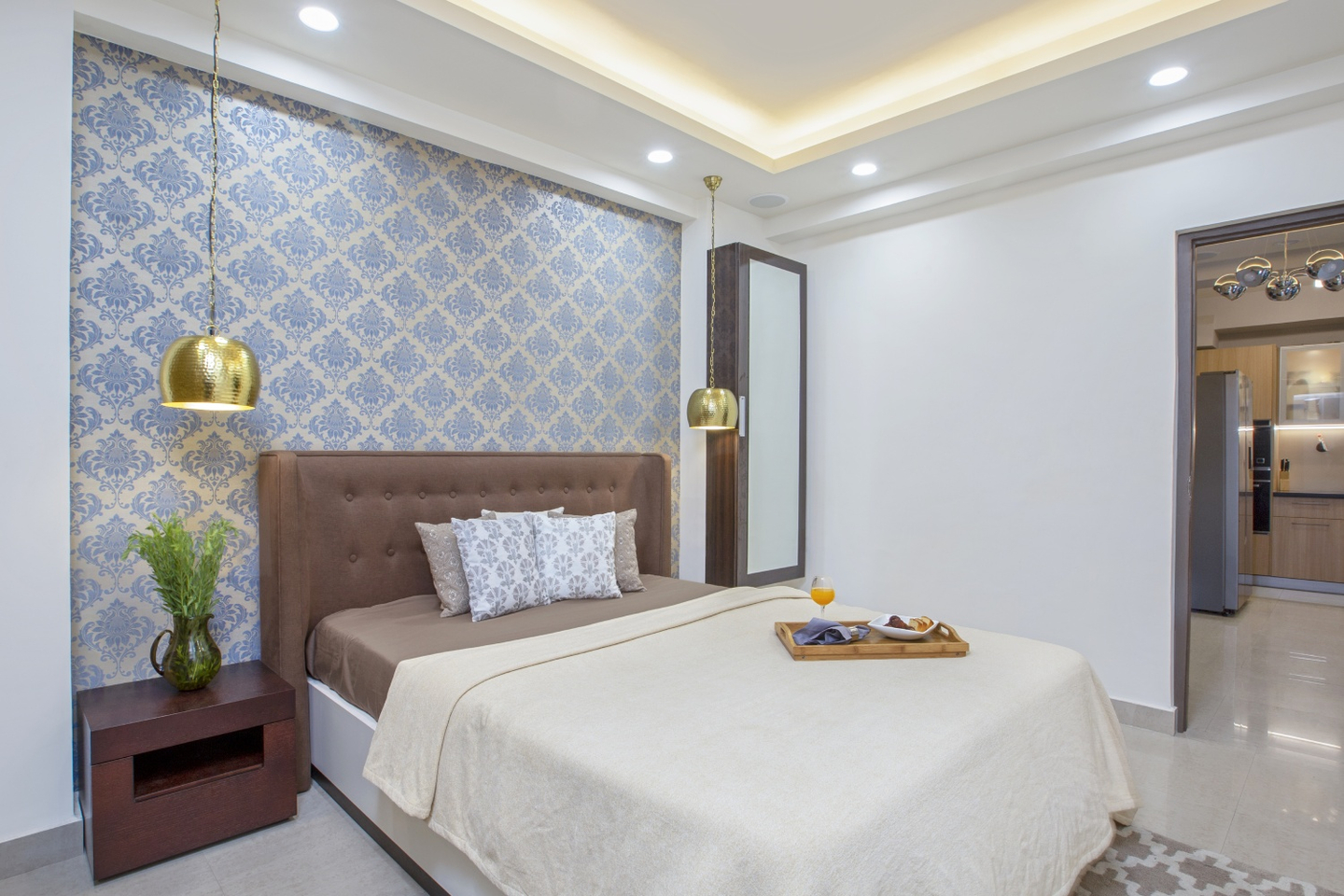 Cream And Blue Wallpaper Design For Headboard Walls Livspace