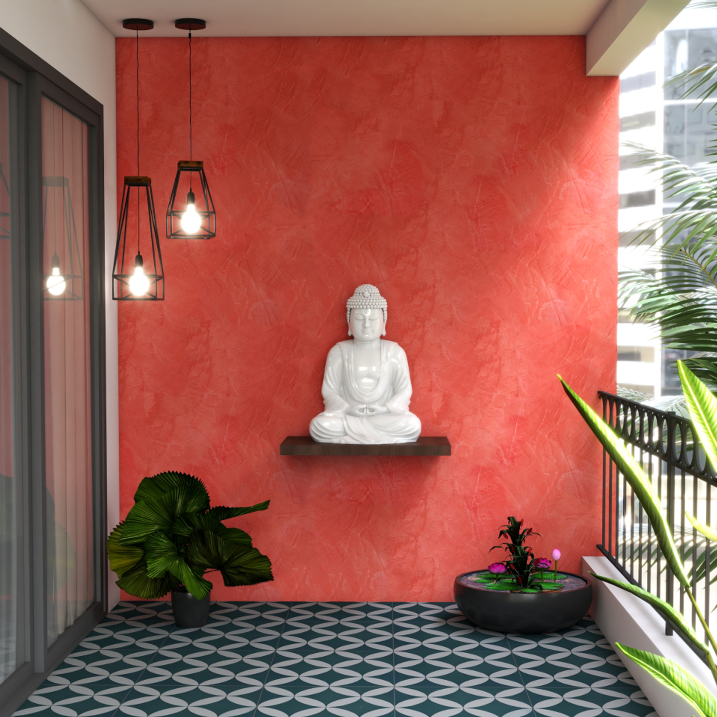 Balcony Design With Red Textured Paint - Livspace