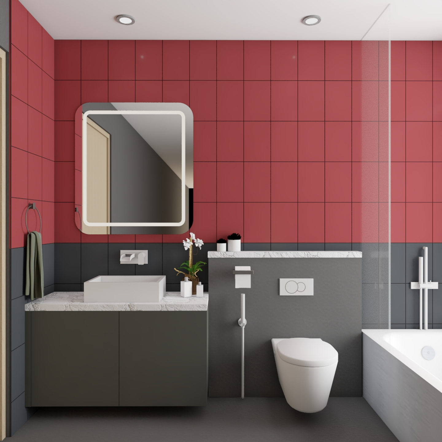 Low Maintenance Spacious Bathroom Design in Black and Red Dado | Livspace