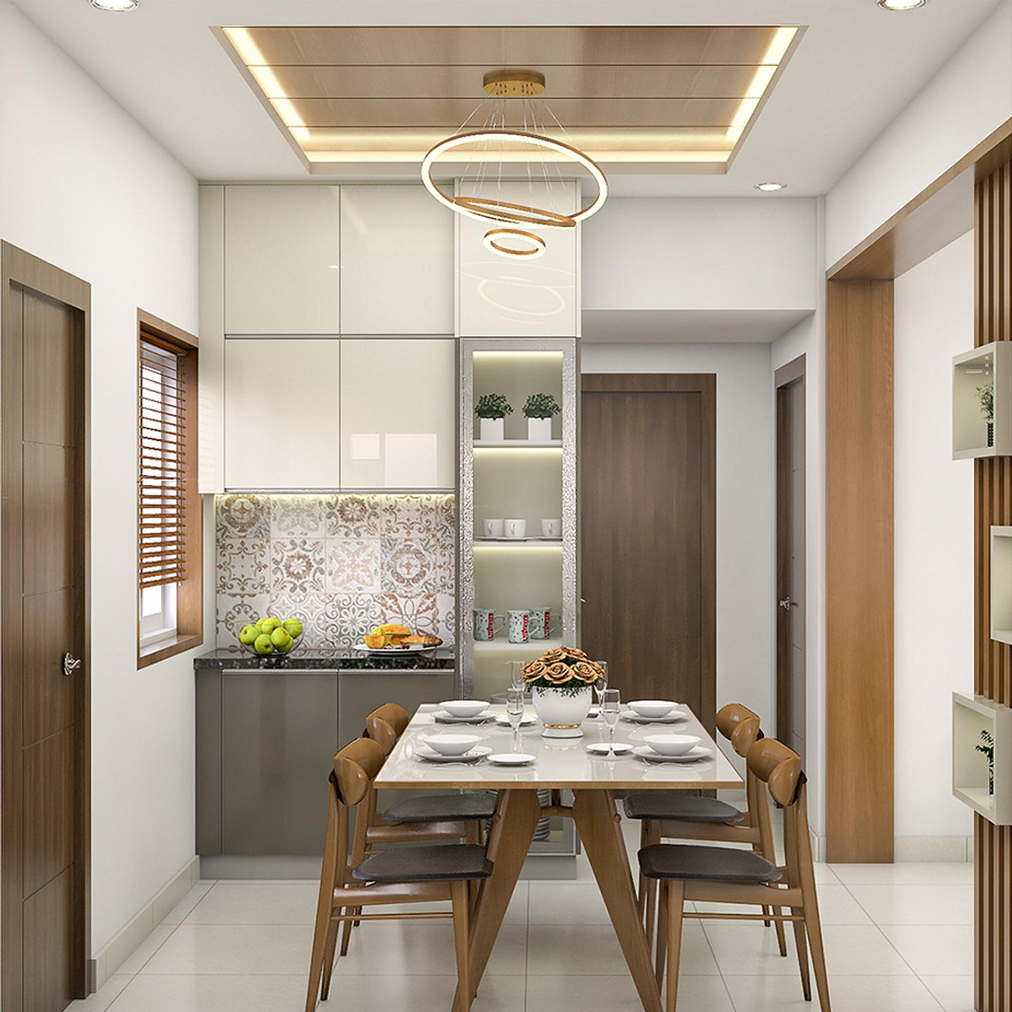 Compact 4-Seater Dining Room Design With Crockery Unit | Livspace