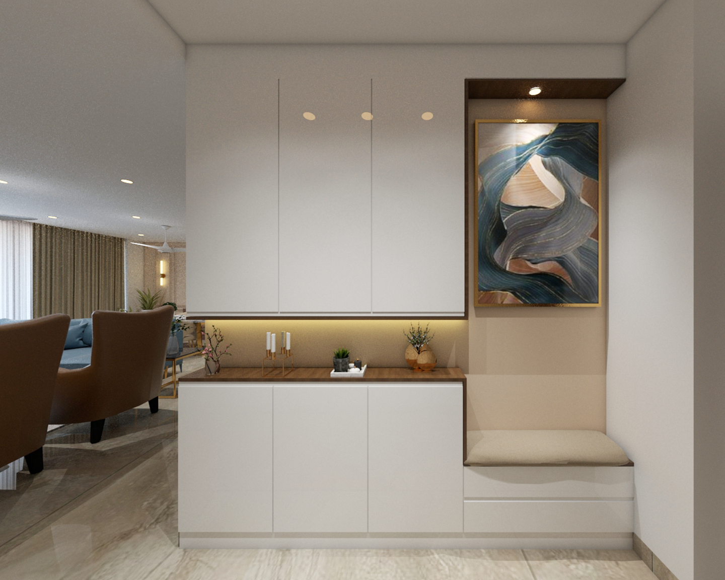 White Foyer Design With Glossy Storage Cabinet - Livspace