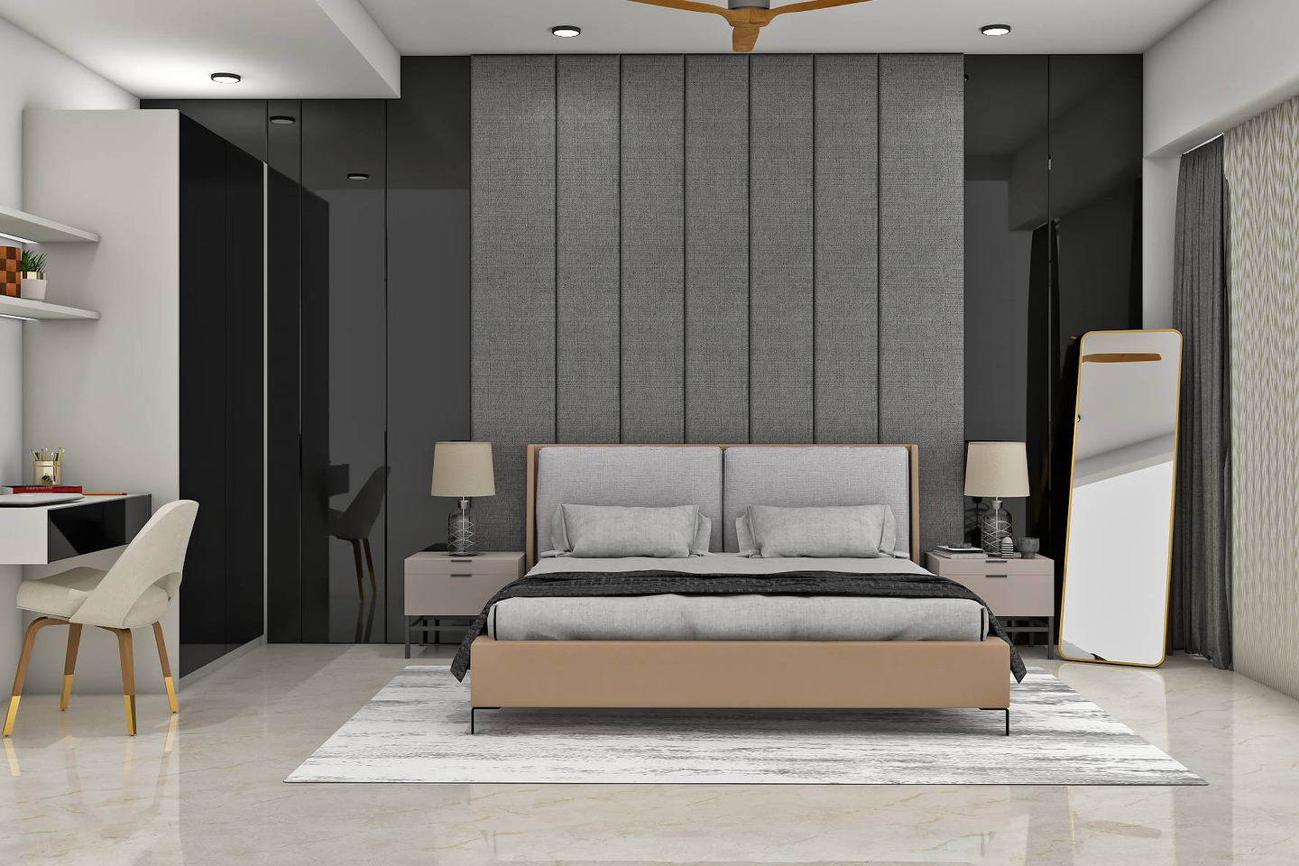 Modern Guest Bedroom With Charcoal Grey Panels | Livspace