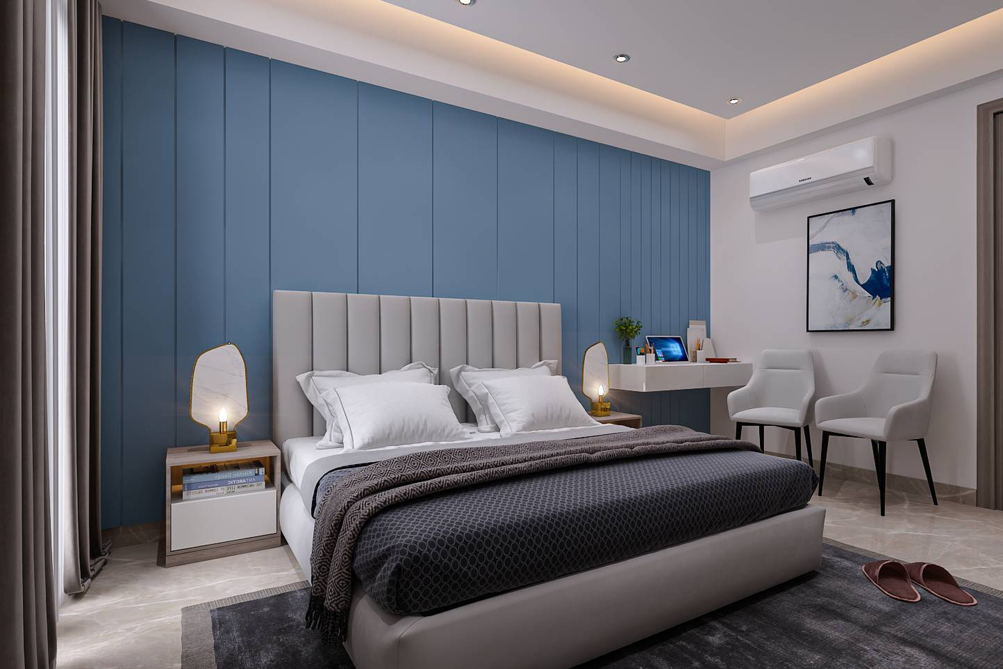 Guest Bedroom Design With Blue Accent Wall - Livspace