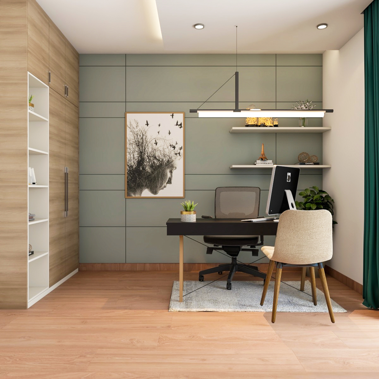 Modern Home Office Design With Pastel Green Accent Wall And Artistic