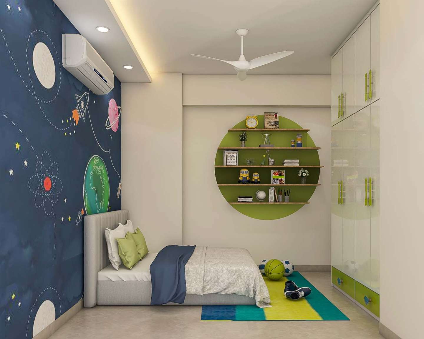 Contemporary Spacious Kids Bedroom Design With Wall Shelves | Livspace