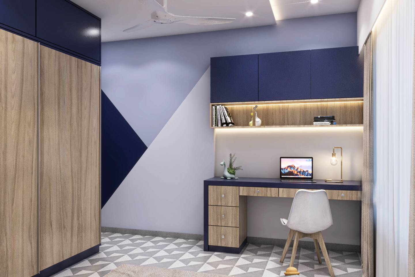 Spacious Yellow And Blue Kid s Bedroom Design With Study Unit Livspace