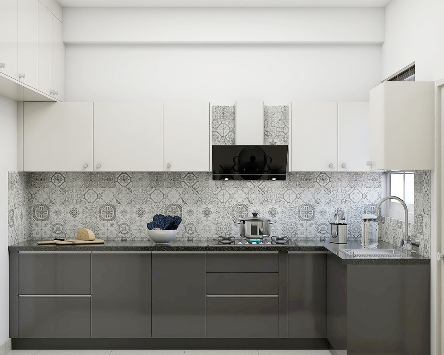 L-Shaped Kitchen In Grey And White - Livspace