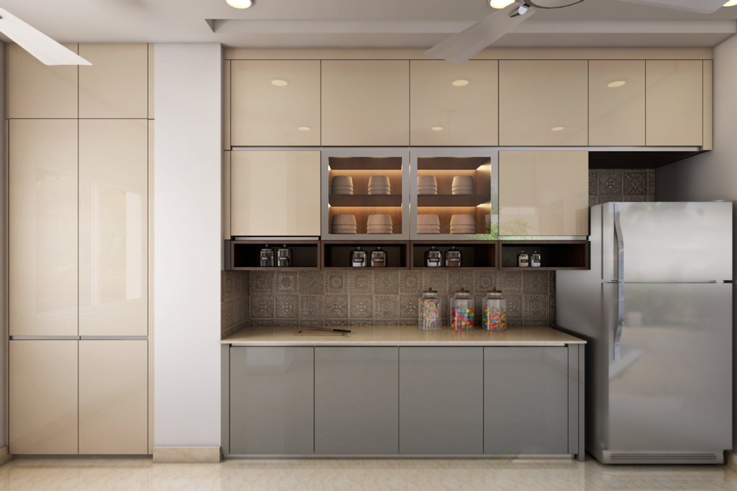 Beige And Grey Modern Parallel Kitchen Design